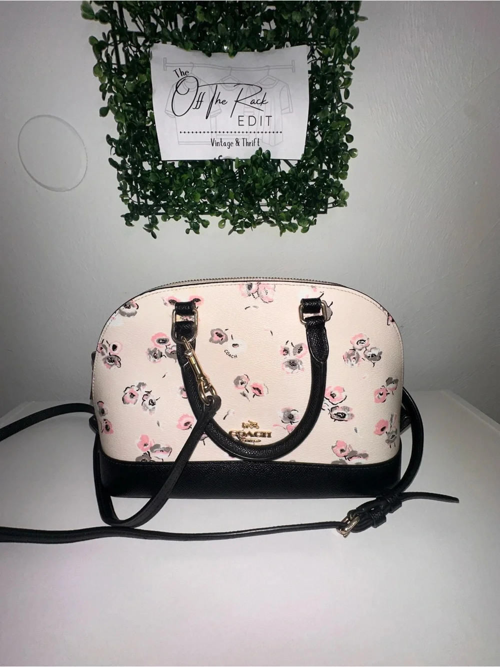 Coach Pink Floral Dome Satchel with Black Trim and Gold Hardware